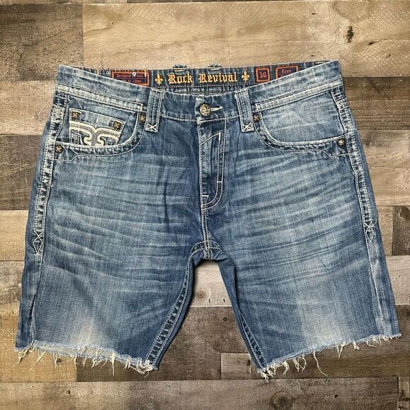 Rock Revival Men’s Size 38 Shorts Denim Cutoff Jorts Distressed Thick Stitch